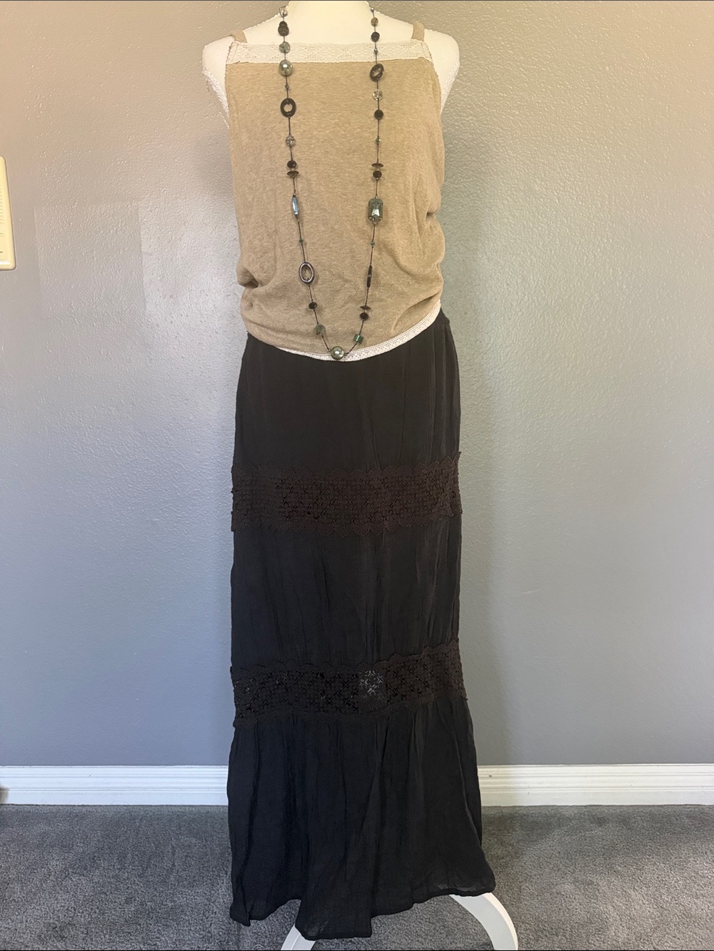 bebe Black Tiered Maxi Skirt with Crochet Lace Panels